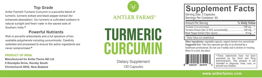 Antler Farms 100% Pure Turmeric Curcumin - Vegan, 130 Capsules | 95% Curcuminoids & Black Pepper Extract, Enhanced Absorption, Non GMO, Gluten Free, No Soy, Dairy Free