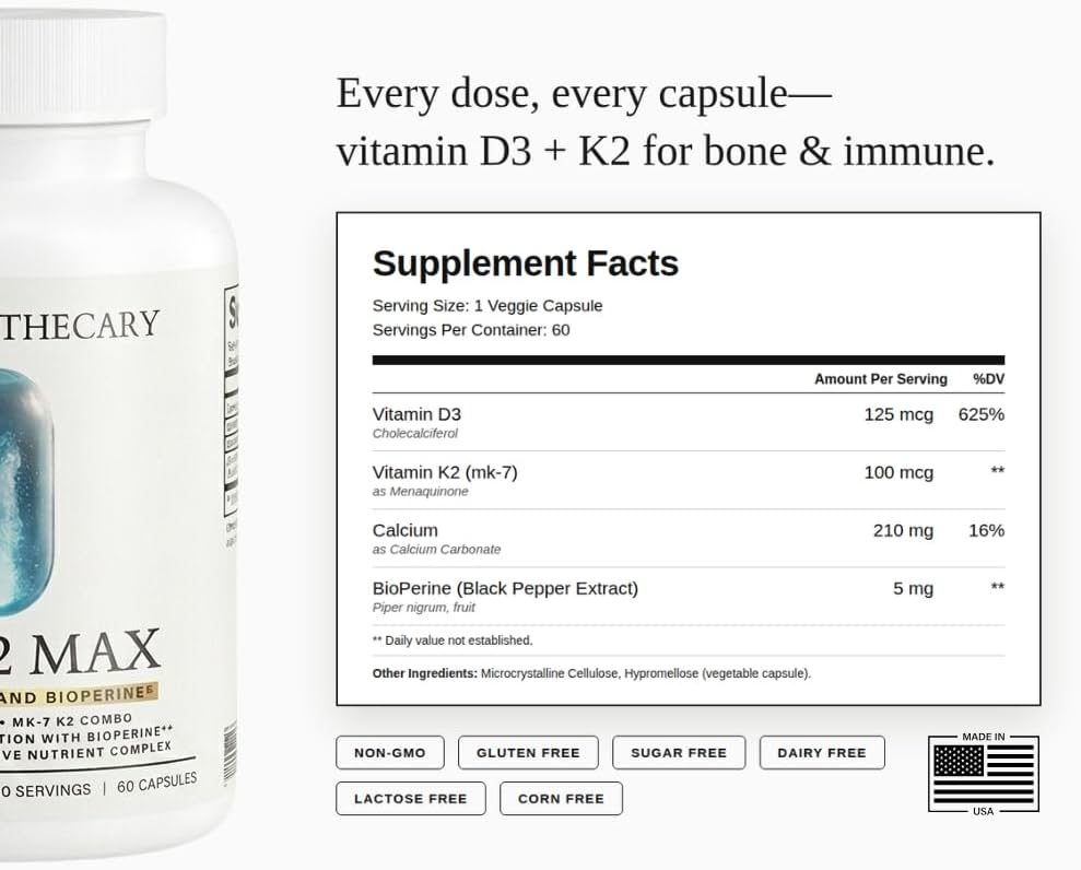 D3+K2 Max Vitamin D3 125mcg + K2 MK-7 100mcg with Calcium 210mg & BioPerine - Bone, Heart & Immune Support - Non-GMO, Gluten Free - 60 Capsules