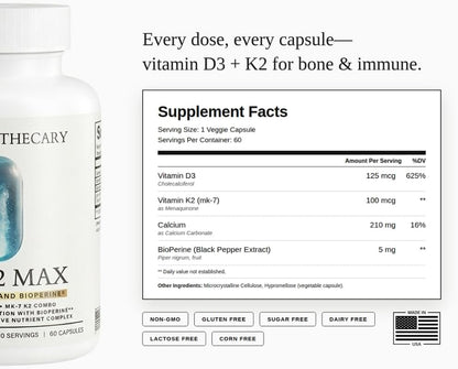 D3+K2 Max Vitamin D3 125mcg + K2 MK-7 100mcg with Calcium 210mg & BioPerine - Bone, Heart & Immune Support - Non-GMO, Gluten Free - 60 Capsules