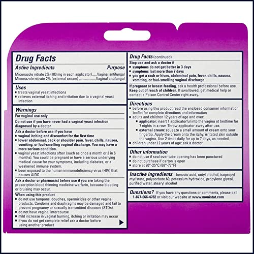 Monistat 7 Day Yeast Infection Treatment for Women, 7 Miconazole Cream Applications with Disposable