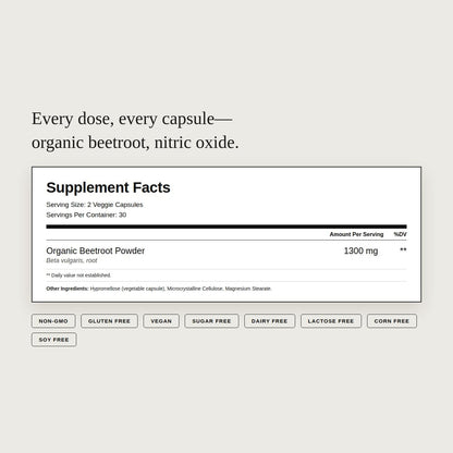 Organic Beetroot Capsules | 1300mg Beet Root Powder | Nitric Oxide Precursor | 60 Vegetarian Capsules | Non-GMO, Gluten Free, Vegan