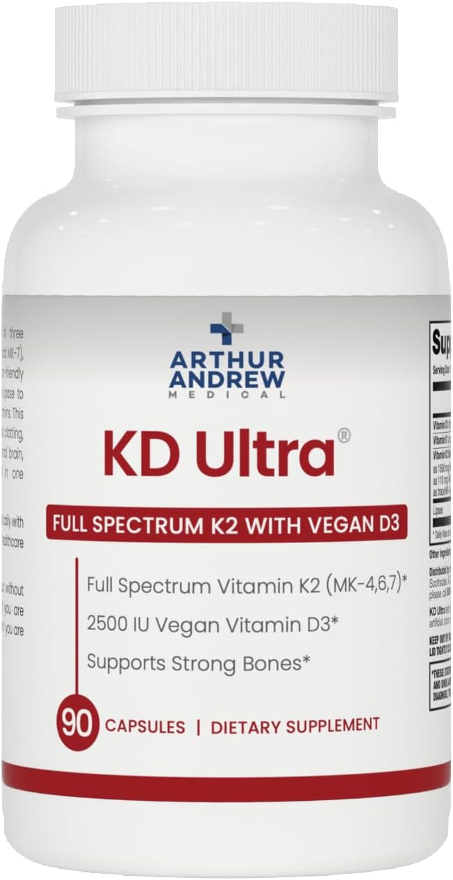 Arthur Andrew Medical, KD Ultra, Full Spectrum K2 & D3, 90 Capsules | Full Spectrum Vitamin K2 (MK4, MK6, MK7), Vitamin D3, & Lipase. Heart, Bone, And Circulation Support.