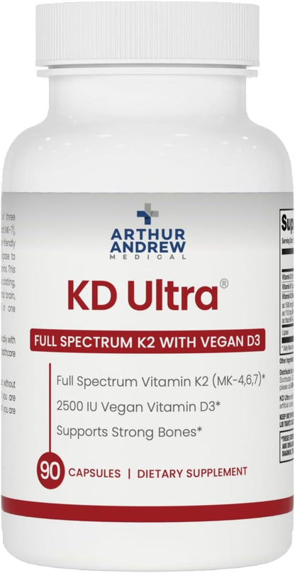 Arthur Andrew Medical, KD Ultra, Full Spectrum K2 & D3, 90 Capsules | Full Spectrum Vitamin K2 (MK4, MK6, MK7), Vitamin D3, & Lipase. Heart, Bone, And Circulation Support.