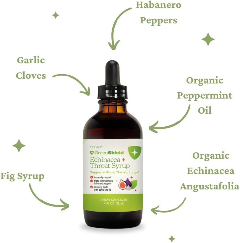 SPRIGS Echinacea + Throat Syrup | Herbal Immune Support Formula for Sinus Throat and Lungs, Natural Throat Syrup for Adults and Kids | Sore Throat Comfort with Garlic Fig and Peppermint Oil - 4oz