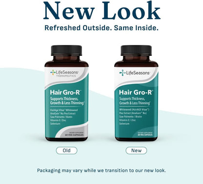 LifeSeasons Hair Gro-R - Clinically Studied Ingredients - Support Thickness Growth & Less Thinning - Reduce Hair Loss & Encourage Regrowth - Biotin Zinc Selenium & AnaGain Nu Pea Extract - 60 Capsules