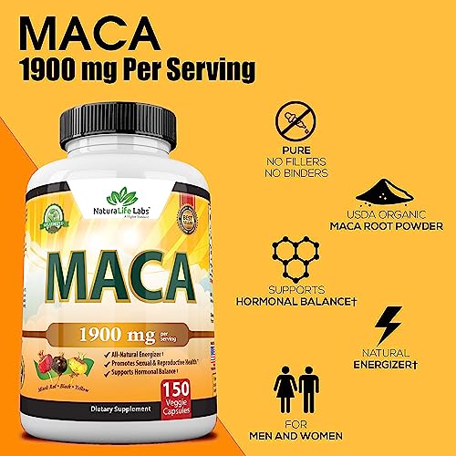 Organic Maca Root Black, Red, Yellow 1900 MG per Serving - 150 Vegan Capsules