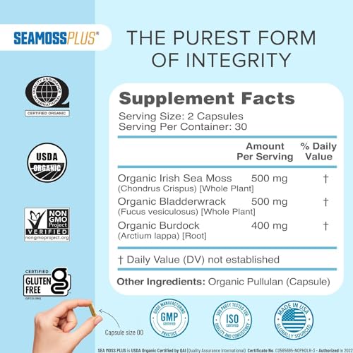 Power By Naturals Sea Moss Plus - USDA Certified Organic Irish Sea Moss Capsules