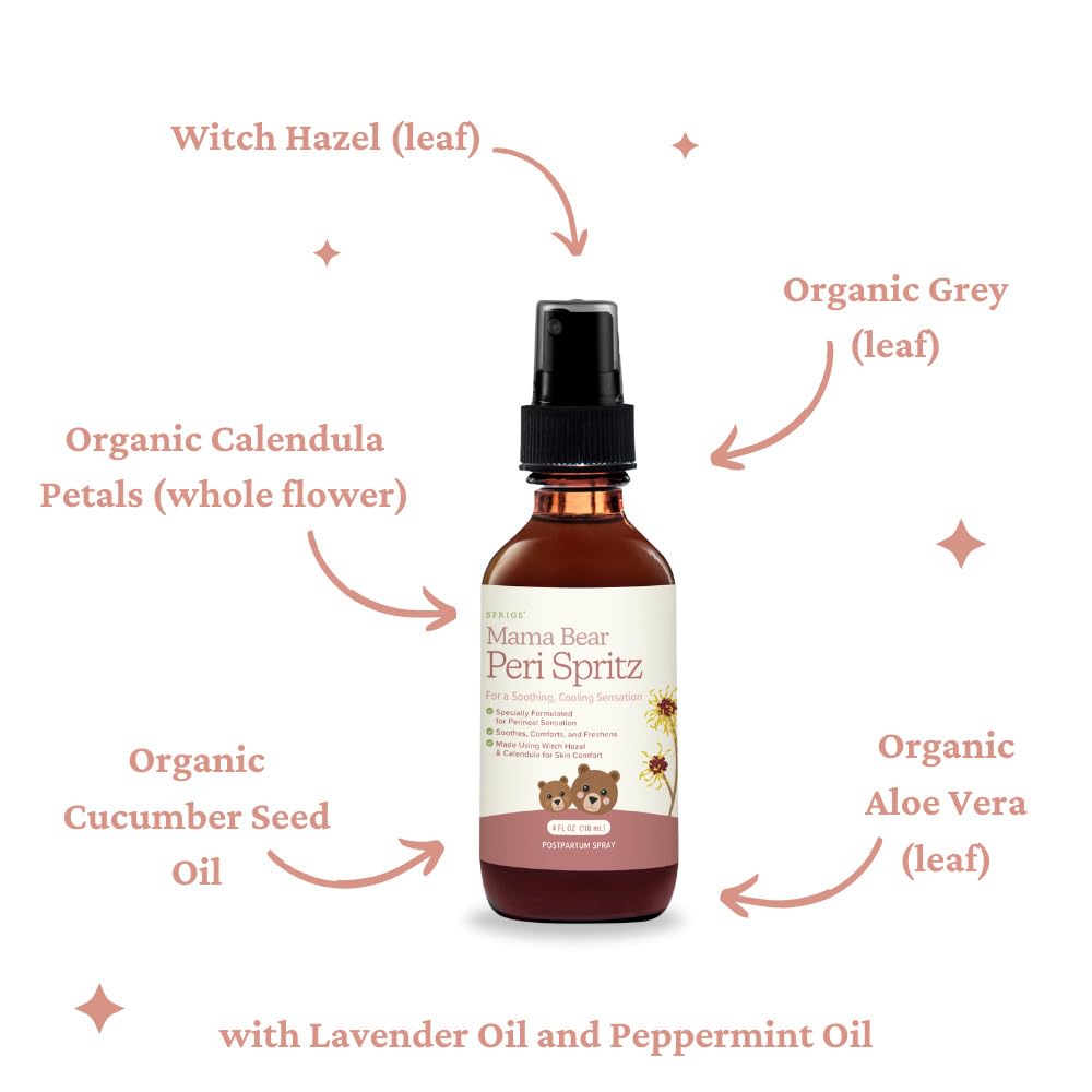 SPRIGS Peri Spritz, 4 Fl Oz | Perineal Spray for Postpartum Recovery | A Soothing Natural Herbal Formula with Witch Hazel & Organic Aloe & Comfrey | 360° Bottle Top for Easy Access to the Perineum