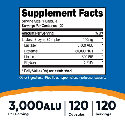 Nutricost Lactase Enzyme Complex 3,000 FCC ALU, 120 Vegetarian Capsules - Non-GMO