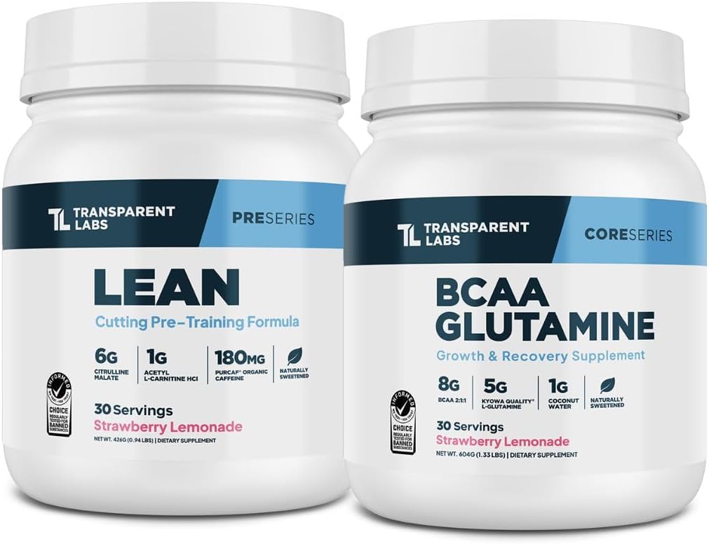 Transparent Labs Lean Pre-Workout Powder (30 Servings, Strawberry Lemonade) & BCAA Glutamine (30 Servings, Strawberry Lemonade)