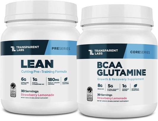 Transparent Labs Lean Pre-Workout Powder (30 Servings, Strawberry Lemonade) & BCAA Glutamine (30 Servings, Strawberry Lemonade)
