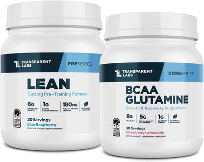 Transparent Labs Lean Pre-Workout Powder (30 Servings, Blue Raspberry) & BCAA Glutamine (30 Servings, Strawberry Lemonade)