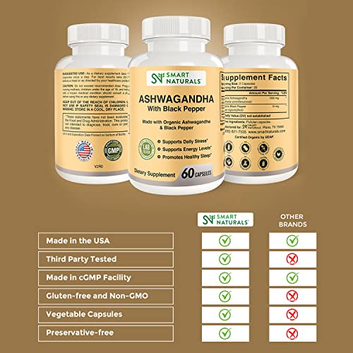 Smart Naturals Organic Ashwagandha with Black Pepper Herbal Supplements, Relieves