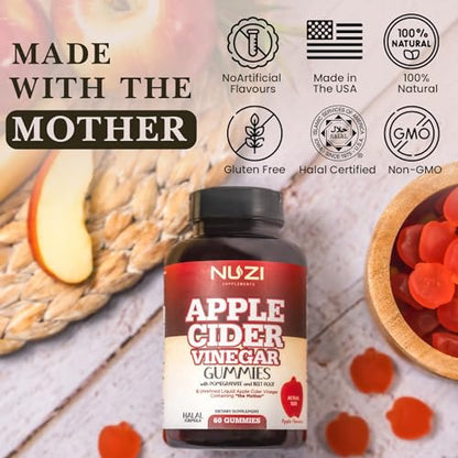 NUZI Apple Cider Vinegar Gummies with Pomegranate & Beetroot | 500 mg | Certified Halal