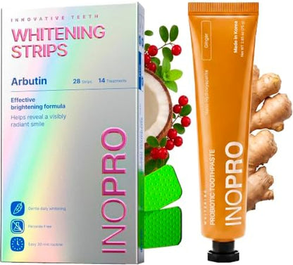 InoPro Teeth Whitening Strips 14 Treatments Kit + Nano-Hydroxyapatite Whitening Toothpaste with Probiotic for Sensitive Teeth - Ginger