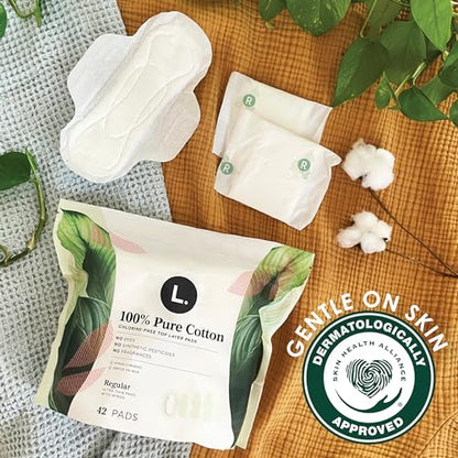 L. Pure Cotton Topsheet Pads for Women, Regular Absorbency, Ultra Thin Pads with Wings