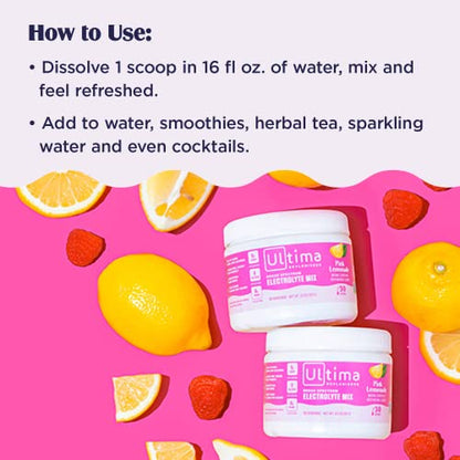 Ultima Replenisher Electrolyte Hydration Drink Mix, Pink Lemonade, 30 Serving Tub