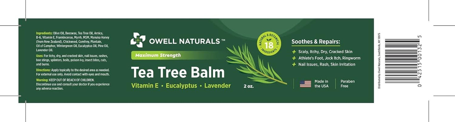 Owell Naturals Tea Tree Antifungal Balm – Extra Strength for Athlete’s Foot, Jock Itch, Ringworm & Skin Fungus – Soothing for Itchy, Dry, Cracked Skin, Feet & Body, 2 oz