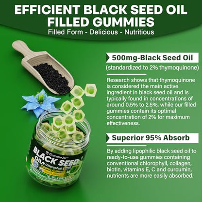 Sugar Free Black Seed Oil Filled Gummies & Chlorophyll, with Hydrolyzed Collagen
