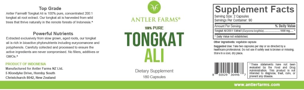 Antler Farms Tongkat Ali Extract 200:1-500mg, 180 Capsules | 100% Pure, Eurycoma Longifolia Slow Grown Aged Roots from Indonesia – Men’s Health Support, Vegan, Gluten, Soy and Dairy Free
