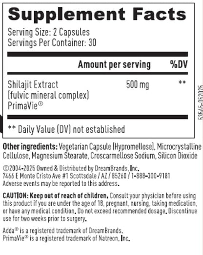 Adda PrimaVie Shilajit Capsules Energy Strength Recovery 60 Count | High Purity 500mg Himalayan Extract Promotes Vitality Fights Fatigue Ayurvedic Men Supplement Fulvic Acid