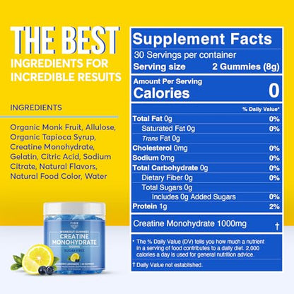 FIOR Sugar-Free Creatine Gummy - Best Creatine Monohydrate Chewable, 60 Count
