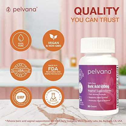 Pelvana Boric Acid Suppositories for Women 30 - for Vaginal pH Balance, Odor Control, Itching, & Discharge