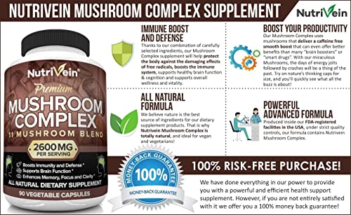 Nutrivein Mushroom Supplement - 2600mg - 90 Capsules - 11 Organic Mushrooms