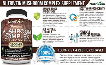 Nutrivein Mushroom Supplement - 2600mg - 90 Capsules - 11 Organic Mushrooms