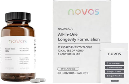 Novos Core Unflavored + Boost NMN – Pure Longevity Stack | NMN Capsules & Unflavored Drink Mix for Cellular Repair, Energy & DNA Support