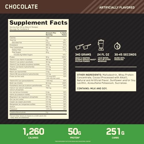 Optimum Nutrition Serious Mass, Weight Gainer Protein Powder, Chocolate, 6 Pound