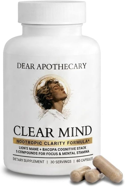 Clear Mind Nootropic Brain Support for Focus + Memory + Clarity - Concentration, Energy, Mental Performance - Lion's Mane 500mg Bacopa 200mg Rhodiola L-Theanine - Vegan Non-GMO - 60 Count