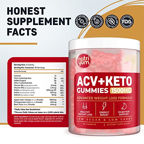 nutriyum ACV Keto Gummies 1500 mg - Low Carb Low Sugar Apple Cider Vinegar Gummies