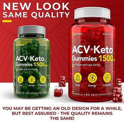 Keto ACV Gummies 1500 mg - Low Sugar Green Apple Flavor - Vegan ACV Keto Gummies