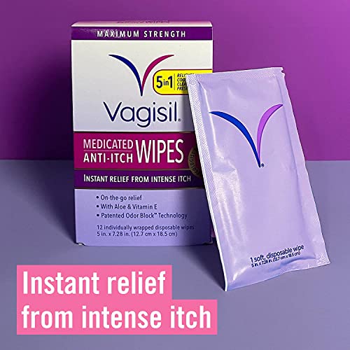 Vagisil Anti-Itch Medicated Wipes, Maximum Strength 12 ea (Pack of 6)