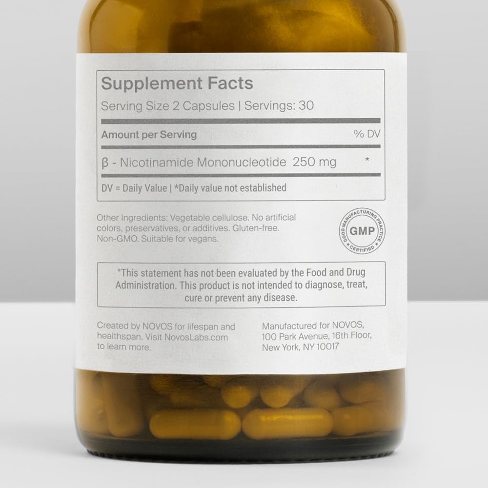 Novos Boost NMN 250mg | Third-Party Tested | Ultra High-Purity for NAD+ Support, Energy & Longevity | Stabilized NMN Supplement for Men & Women | 60 Vegan Capsules (30 Servings)