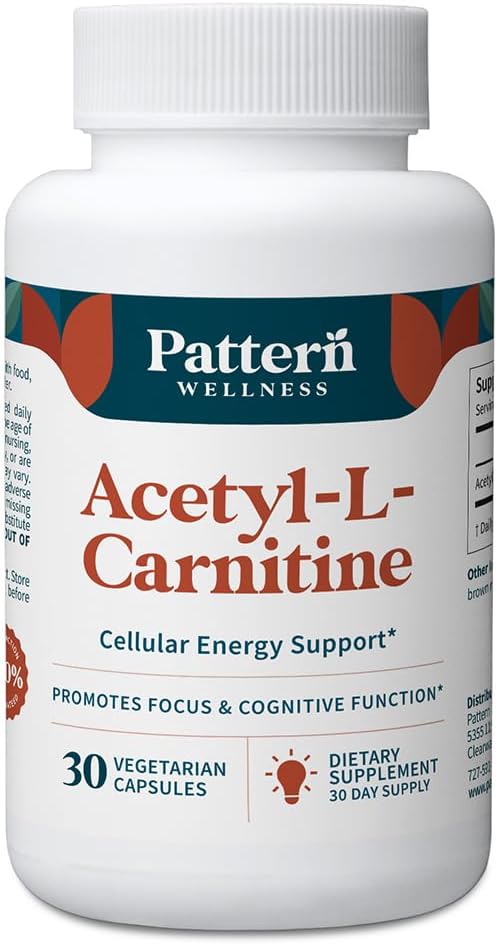 Pattern Wellness Acetyl-L-Carnitine 500 mg Capsules – ALCAR Supplement for Cellular Energy Production, Cognitive Health & Healthy Metabolism – Vegan, Non-GMO – 30 Capsules