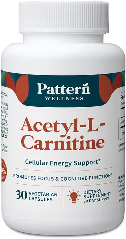 Pattern Wellness Acetyl-L-Carnitine 500 mg Capsules – ALCAR Supplement for Cellular Energy Production, Cognitive Health & Healthy Metabolism – Vegan, Non-GMO – 30 Capsules