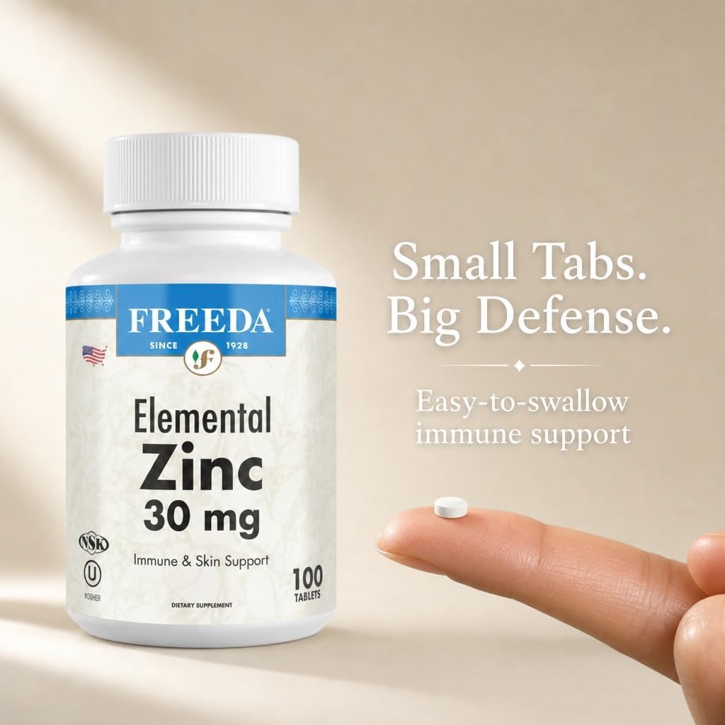 FREEDA Elemental Zinc 30mg – Vegan Immune, Skin & Eye Support – 100 Tabs | Tiny Easy-to-Swallow Tablets Made with Zinc Gluconate – Gluten-Free, Kosher, and Made in USA GMP-Compliant Facilities