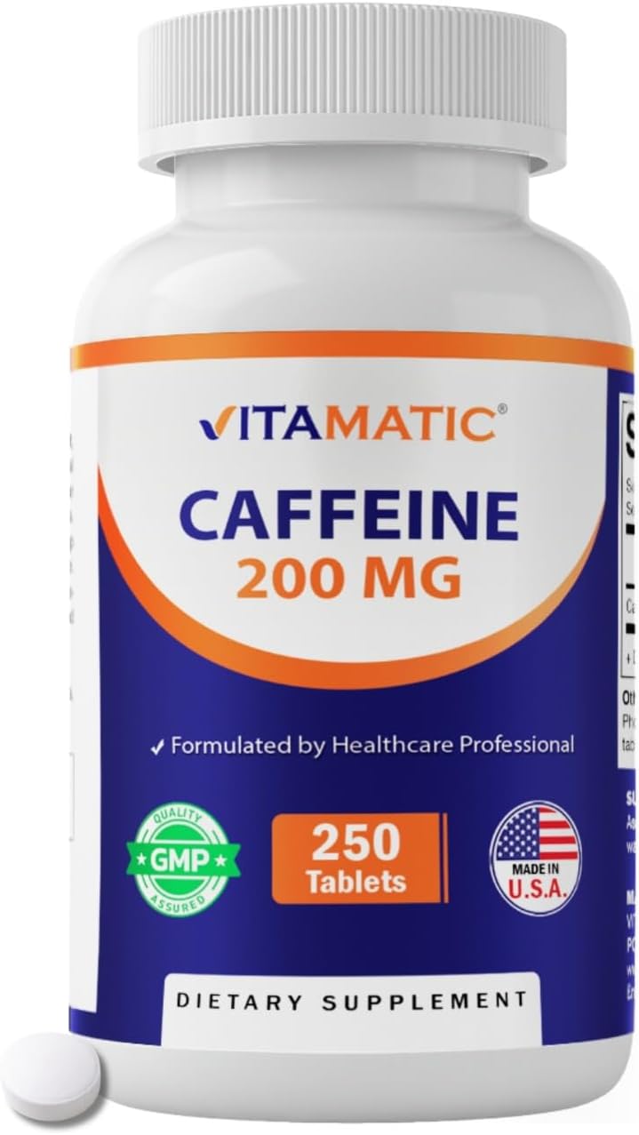 Vitamatic Caffeine Pills 200mg per Serving, 250 Vegetarian Tablets | Support Energy Support & Endurance Performance*, Non GMO, Gluten Free, Made in USA