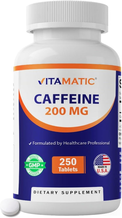 Vitamatic Caffeine Pills 200mg per Serving, 250 Vegetarian Tablets | Support Energy Support & Endurance Performance*, Non GMO, Gluten Free, Made in USA