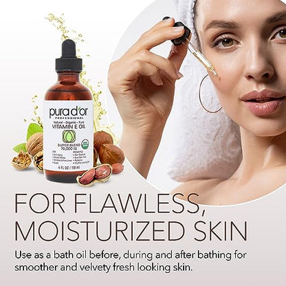 PURA D'OR 4 Oz ORGANIC Vitamin E Oil Blend 70,000 IU - 100% Natural Hexane Free, Sweet Almond