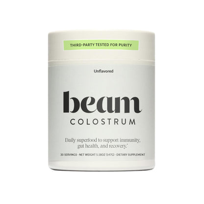 BEAM Unflavored Colostrum Powder I Grass-Fed Pure Whole Bovine Colostrum for Gut Health, Bloating & Immune Support I Non-GMO Recovery Supplement I 3g per Serving I Third-Party Tested I 30 Servings