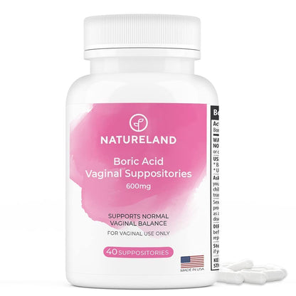 Natureland [40 Count Boric Acid Suppositories 600mg w/ [10 Pack] Vaginal Applicator - Feminine Care