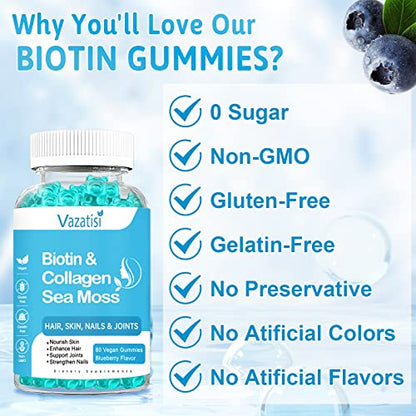 2 Pack Biotin Gummies 15000mcg with Collagen, Sea Moss, Chlorophyll & Keratin for Hair
