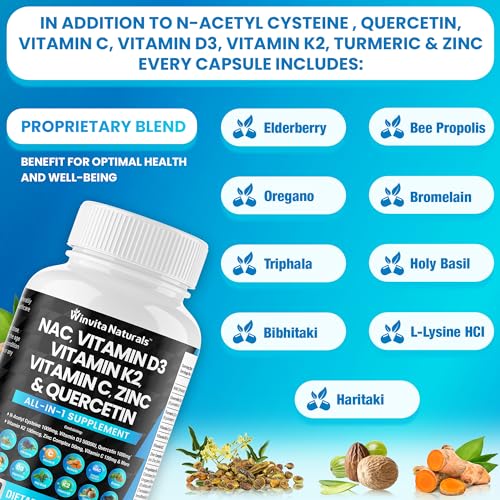 NAC Supplement N-Acetyl Cysteine 1000mg Vitamin C Vitamin D3 K2, Zinc, Turmeric Curcumin