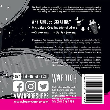 Warrior Creatine Monohydrate Powder – 300g – Micronised for Easy Mixing and Consumpti