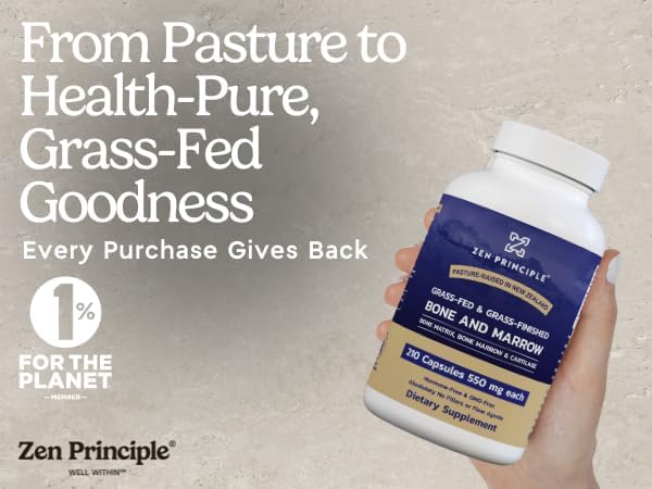 Zen Principle Grass Fed Beef Bone Marrow Supplement, 3300mg. Skin, Oral Health, and Joint Support. Promotes Whole-Body Wellness. Whole Bone Extract, 2-Pack, 420 Capsules (210 Capsules Per Bottle).