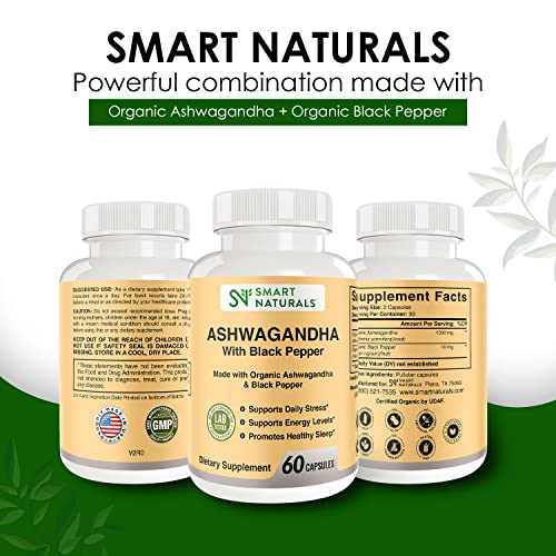 Smart Naturals Organic Ashwagandha with Black Pepper Herbal Supplements, Relieves