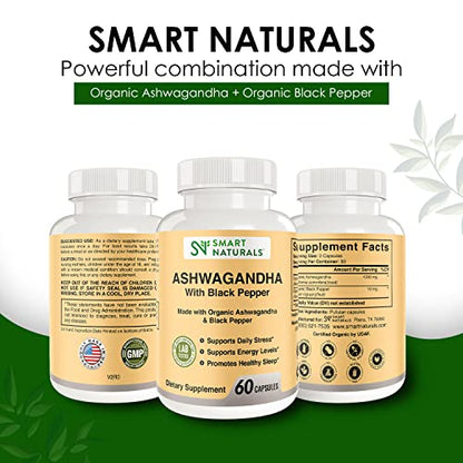 Smart Naturals Organic Ashwagandha with Black Pepper Herbal Supplements, Relieves